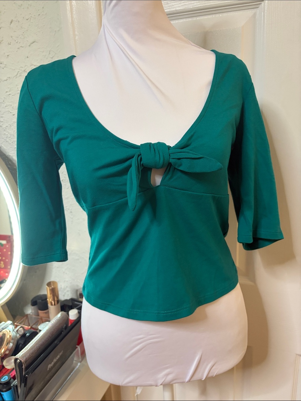 Guess Teal Tie-Front Scoop Crop Top